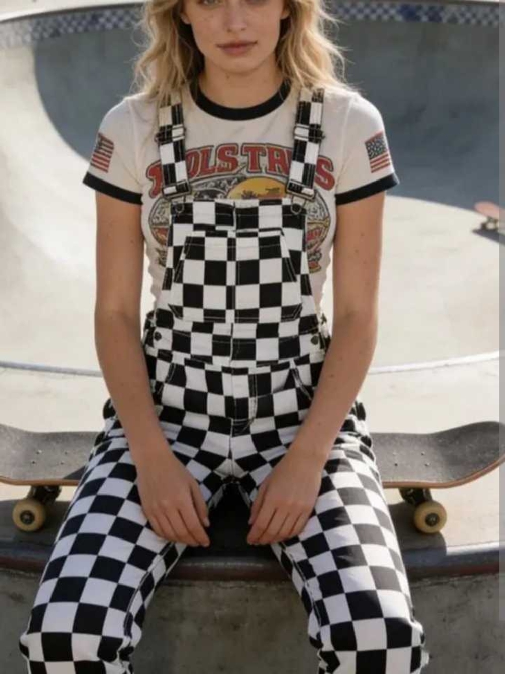 ODEFOU Women's Black & White Checkered Overalls